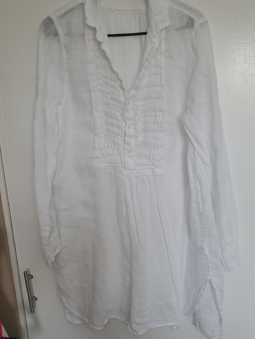 Women’s White Linen Tunic Dress - Elegant Ruffled Placket